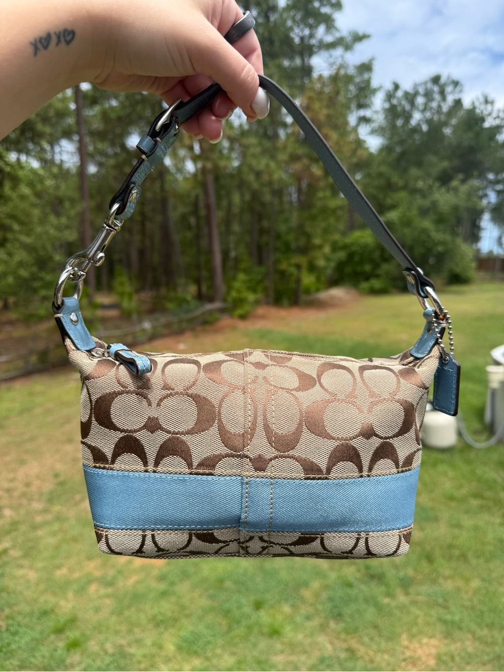 Signature Monogram Small Shoulder Bag in Brown & Light Blue